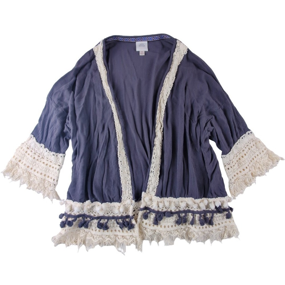 Boho Lace Fringe Trim Open Front Cardigan Blue Size Medium Prairie Romantic